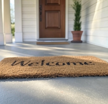 Welcome mat in front of office doorway. Stock photo.