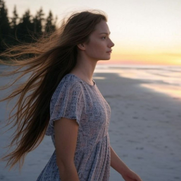 Woman standing on  a beach. Stock photo.
