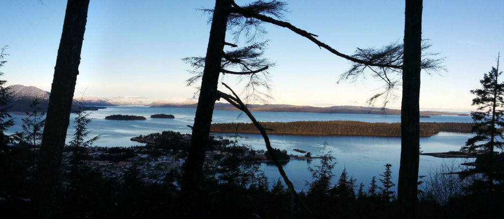 Panorama photo from mountain trail above Craig, Alaska.